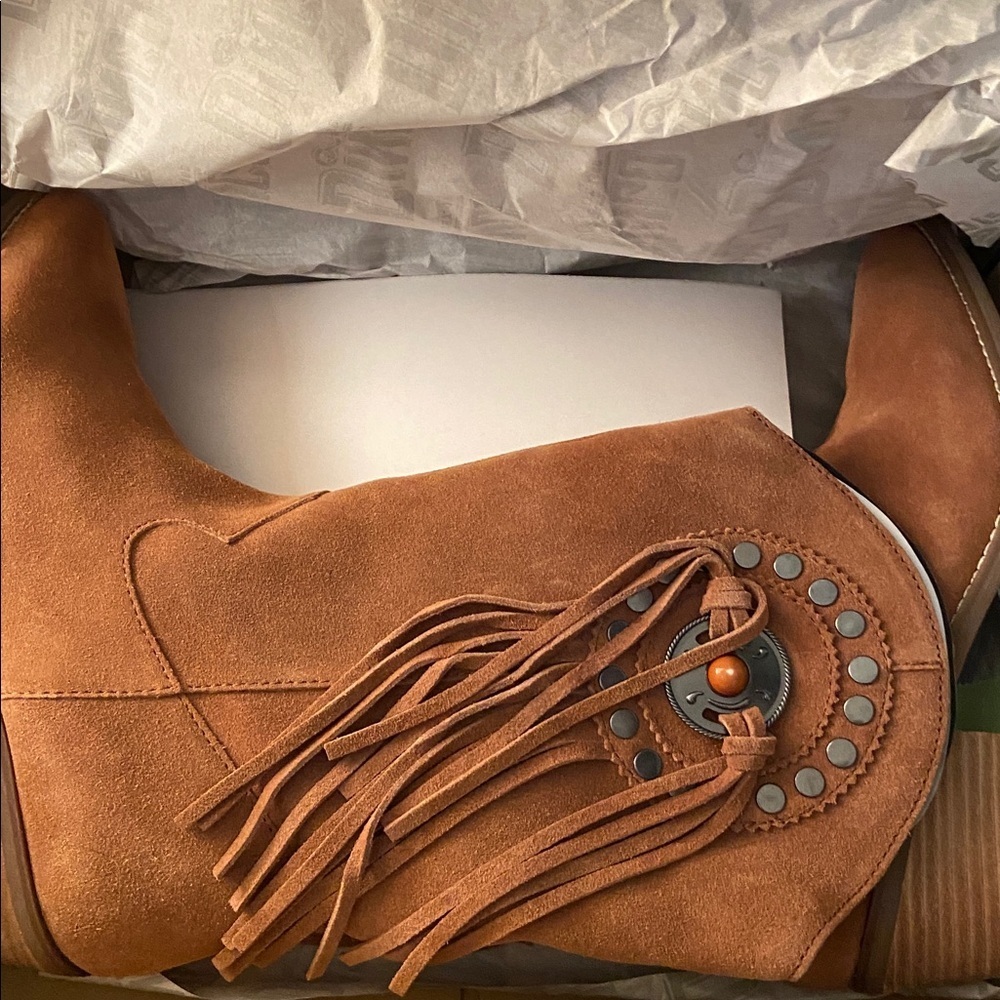 Dingo Western Cabincore Suede Fringe Mid Calf Cowboy Boot Tan - Picture 5 of 11